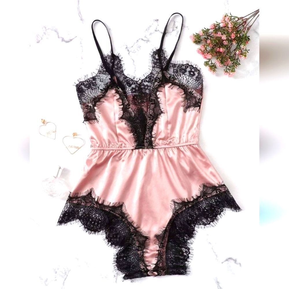 GHXCJ Pink Satin Black Eyelash Lace Babydoll Romper Teddy, Sz L